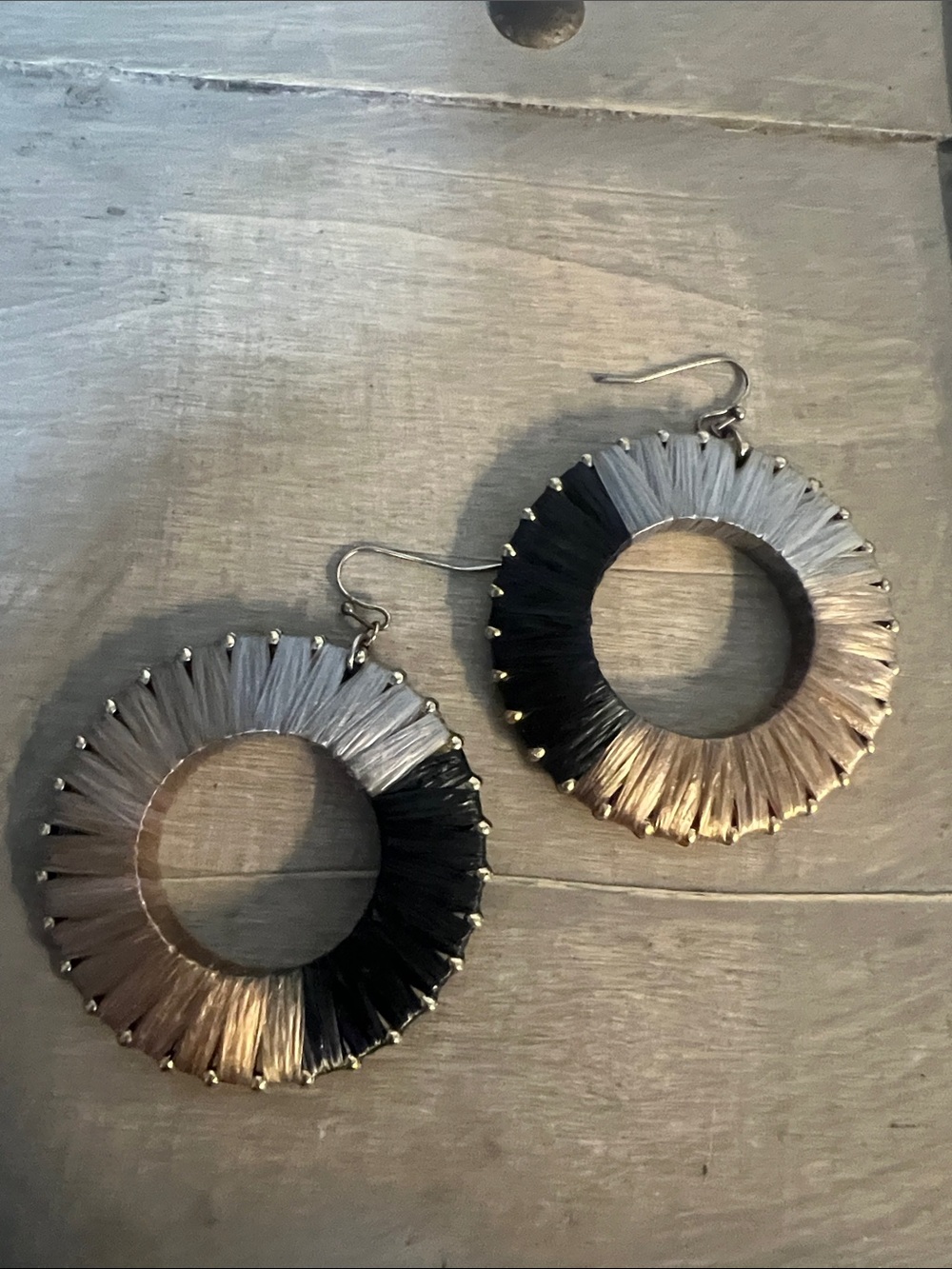 Tri-Tone Circular Drop Earrings - Black, Silver, and Gold